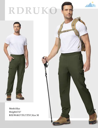 Vista 7 de Rdruko Pantalones de senderismo para hombre, de secado rápido, ligeros, resistentes al agua, elásticos, con 5 bolsillos y cordón