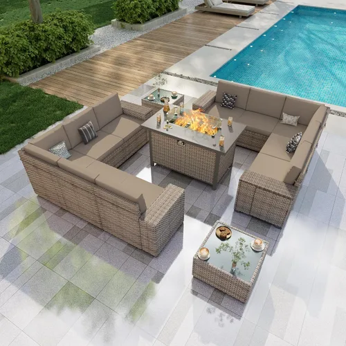 Vista 10 de Juego de muebles de patio de 6 piezas, sofá modular para exteriores con reposabrazos anchos, sofá de grupo de asientos de mimbre con mesa auxiliar