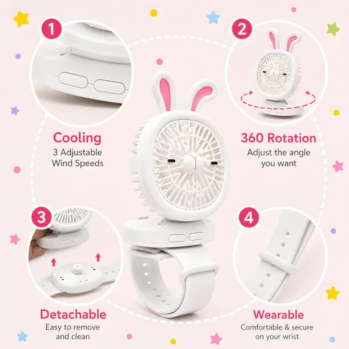Vista 7 de Ventilador personal portátil, ventilador de mano portátil recargable por USB, ventiladores de muñeca con luces LED, mini ventilador portátil