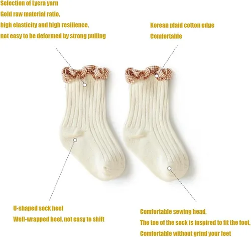 Vista 7 de TIBE PINCESS Calcetines de tobillo vintage con volantes para bebés y niñas, calcetines de encaje acanalados a cuadros para vestir
