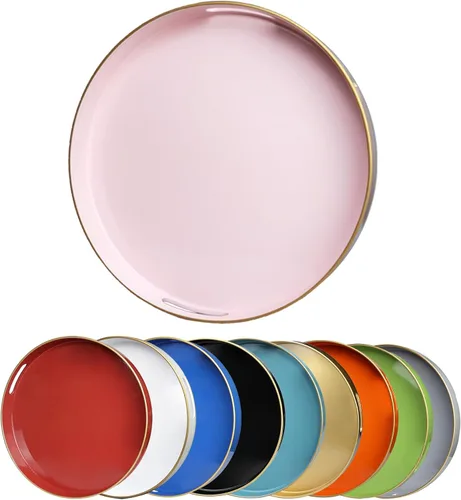 Vista 9 de Bandeja decorativa redonda azul con asas, bandeja de servir elegante de 13" para mesa de café, estilo otomano para sala de estar, baño, exteriores