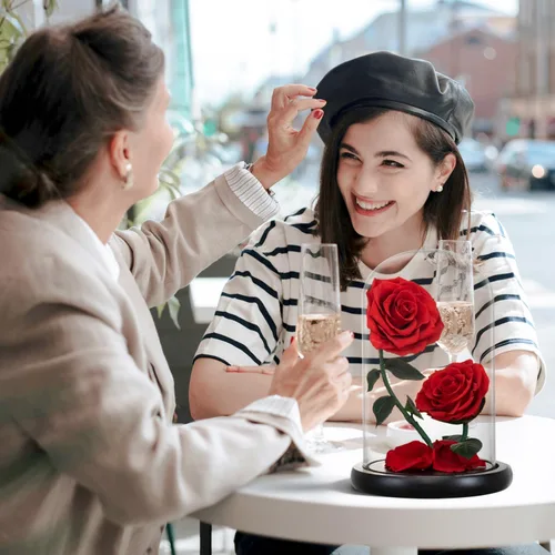 Vista 2 de Regalos para mujeres, rosa roja preservada para siempre, regalo de cumpleaños, día de San Valentín, con flor eterna roja en cúpula de cristal #Rojo
