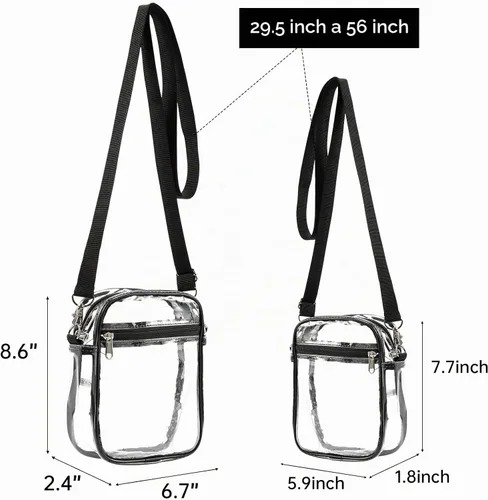 Vista 3 de Paquete de 2 bolsas cruzadas transparentes aprobadas para estadios, bolsa cruzada transparente con bolsillo frontal y correa ajustable