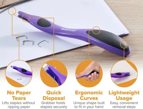 Vista 2 de Bostitch Removedor magnético profesional de grapas fácil, palillo extractor de grapas de color neón, herramienta removedor de grapas para oficina