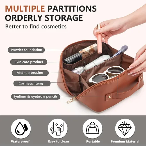 Vista 3 de Bolsa de maquillaje organizadora de viaje, bolsa de cosméticos grande con divisores ajustables, bolsa de almacenamiento portátil para artistas