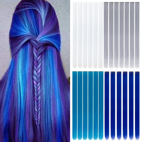 Vista 8 de 20 extensiones de cabello con clip de colores para niñas, extensiones de cabello arcoíris multicolor de 20 pulgadas, reflejos instantáneos, piezas