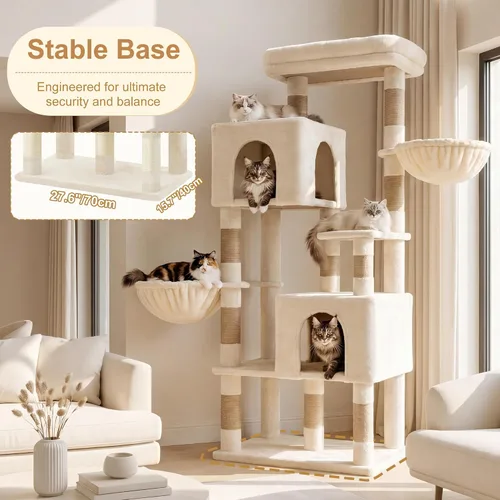 Vista 3 de Heybly Árbol para gatos de 68.1 pulgadas con plataforma superior de gran tamaño y base ancha, torre para gatos grandes de interior con 2