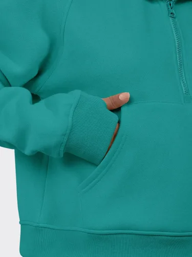 Vista 5 de ATHMILE Sudaderas cortas con capucha para mujer, media cremallera, forro polar, ropa de invierno, con cremallera de un cuarto
