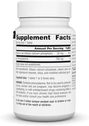 Vista 2 de Source Naturals DLPA DL-Fenilalanina Suplemento Que Apoya un Estado de Alerta* - 750 mg - 30 Tabletas