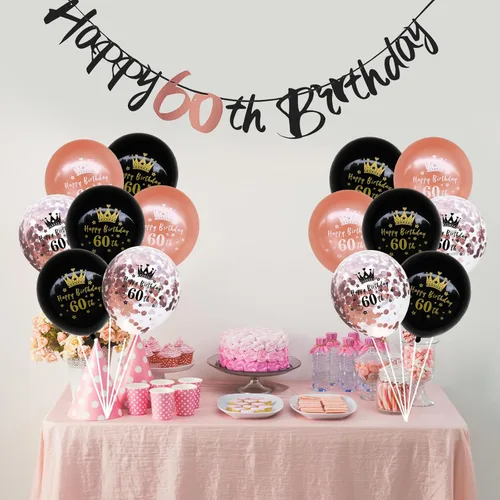 Vista 7 de Kit de decoración de cumpleaños número 60, 16 piezas de decoraciones de cumpleaños de oro rosa negro con banderines de feliz cumpleaños 60, globos