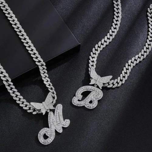 Vista 5 de Cadena de eslabones cubanos de plata para mujeres y hombres, letra inicial personalizada, collar personalizado, collar de diamantes de cadena