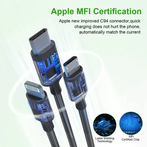 Vista 6 de Cable de carga rápida USB universal 5 en 1, 5.9 ft/6 pies USB A/tipo C a rayo + tipo C+Micro USB trenzado de nailon trenzado adaptador de cable