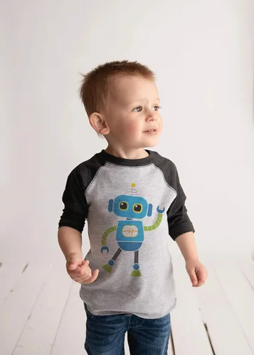 Vista 4 de 7 ate 9 Apparel Camiseta de béisbol vintage para niño, diseño de robot, gris y azul