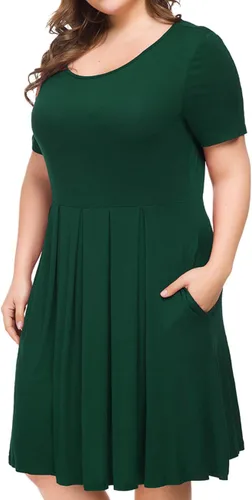Vista 3 de Tralilbee Vestido de manga corta para mujer, talla grande, casual, plisado, con bolsillos