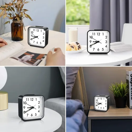 Vista 6 de Reloj pequeño silencioso sin tictac, despertador ruidoso para personas que duermen pesadamente, viajes con luz nocturna, funciona con pilas, diseño