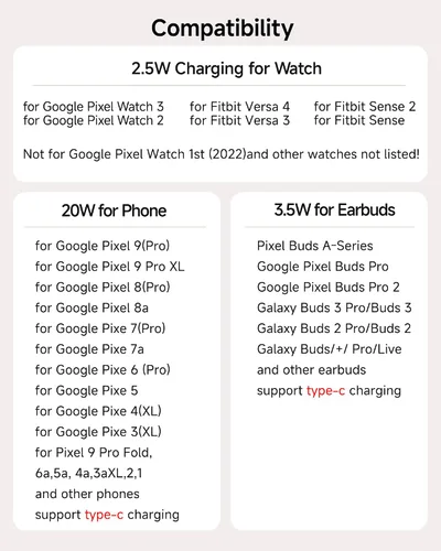Vista 7 de Estación de carga 3 en 1 para Google Pixel Watch 3/2, soporte de cargador USB C con cable súper rápido de 25 W para Google Pixel 10/10 Pro/10 Pro