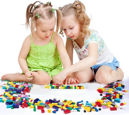 Vista 4 de 1000 ladrillos de construcción, bloques de construcción clásicos a granel para niños con 12 accesorios de ruedas, ventanas, puertas, 2 paquetes