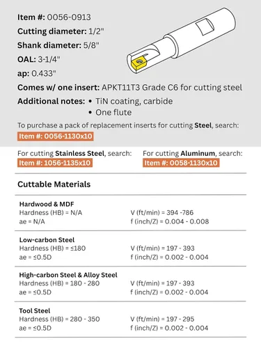 Vista 2 de Accusize Industrial Tools Molino de extremo indexable de hombro cuadrado de 90 grados de 1/2 '' con insertos de carburo Apkt11T3, 0056-0913
