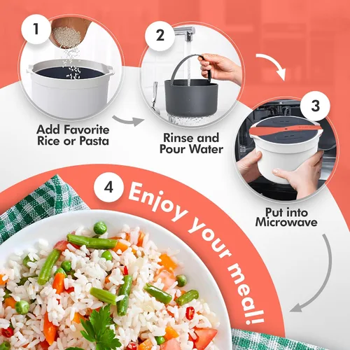 Vista 7 de Olla de Arroz de Microondas con Vaporizador y Olla para Pasta con Colador - Diseño Sin Desorden, Apto para Lavavajillas, Cocina Hasta 8 Tazas