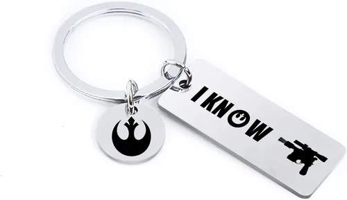 Vista 4 de Cualque Llavero de estrella con texto en inglés I Love You I Know 2 unidades llavero de Han y Leia Wars juego de regalos para parejas para novios