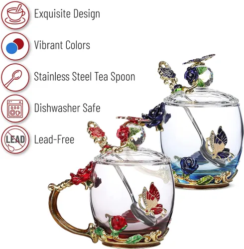 Vista 4 de BTaT- Juego de tazas de té de vidrio floral con tapas y cuchara, paquete de 2, 11 onzas, azul y rojo, diseño de flores con caja de regalo, tazas