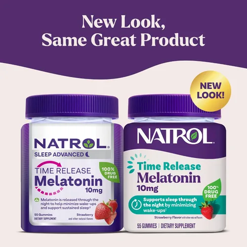 Vista 2 de Natrol Gomitas de melatonina de 10 mg, gomitas de sueño de liberación prolongada para adultos, minimizan los despertadores, sabor a fresa, 55