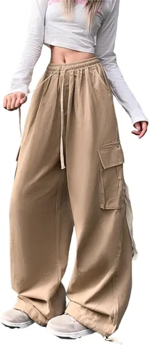 Vista 6 de Pantalones de mujer Y2k Cargo Gothic Baggy Pantalones de cintura alta Harajuku Streetwear Pantalones de paracaídas para hombre