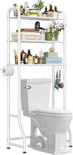 Vista 3 de Simple Trending Estante de almacenamiento sobre el inodoro, estante organizador de baño de metal de 3 niveles con soporte para papel y 3 ganchos