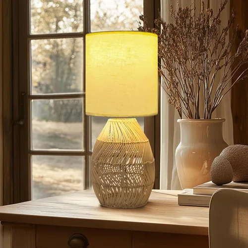 Vista 7 de Lámpara de mesita de noche estilo Boho de ratán - Lámpara tejida de bambú hecha a mano con 3 temperaturas de color para mesita de noche y sala