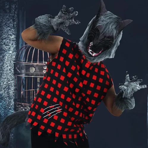 Vista 4 de Paquete de 6 disfraces de hombre lobo de Halloween para adultos, sin mangas, capucha de hombre lobo, guantes de lobo, cola y pierna, colmillos