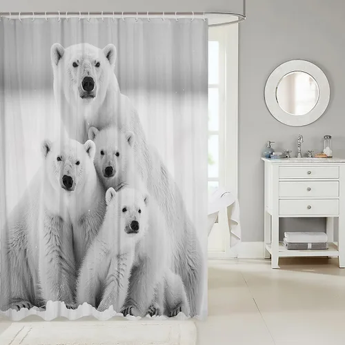 Vista 2 de Homewish Cortina de ducha de oso polar para niños, adultos, juego de cortina de baño de nieve y hielo, cortinas naturales impermeables