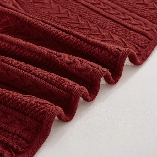 Vista 8 de Longhui bedding - Manta de punto trenzado de acrílico sherpa, gruesa, suave, grande, acogedora, manta de vellón tejida de color rojo vino para sofá