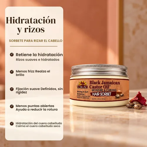 Vista 2 de Okay Aceite de ricino jamaicano negro, sorbete de humedad y rizado para el cabello, blanco, 7.25 onzas