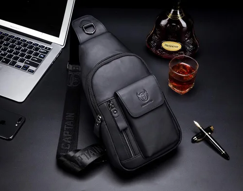 Vista 6 de BULLCAPTAIN Bolso bandolera de cuero genuino para hombre, bolsa cruzada de viaje, bolsa de pecho de gran capacidad, casual, mochila de senderismo