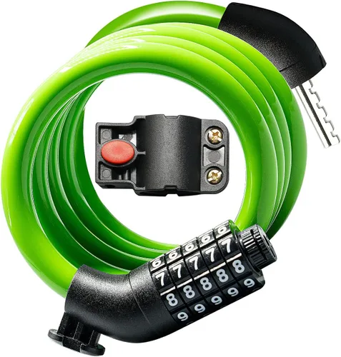 Vista 13 de KEYSTP Cable de bloqueo de bicicleta de 5 dígitos, cerradura de bicicleta de combinación reajustable resistente, antirrobo con soporte de montaje