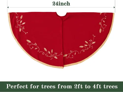 Vista 3 de Bunny Chorus Falda de árbol de Navidad, 24 pulgadas, faldas de piel de felpa de terciopelo rojo de lujo con hoja de acebo bordada dorada para árbol