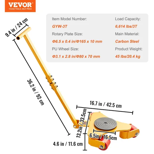 Vista 7 de VEVOR Patín para maquinaria Dolly, 3T/6614 LBS Vehículo para mover maquinaria industrial con asa, Patín para mover maquinaria de acero al carbono