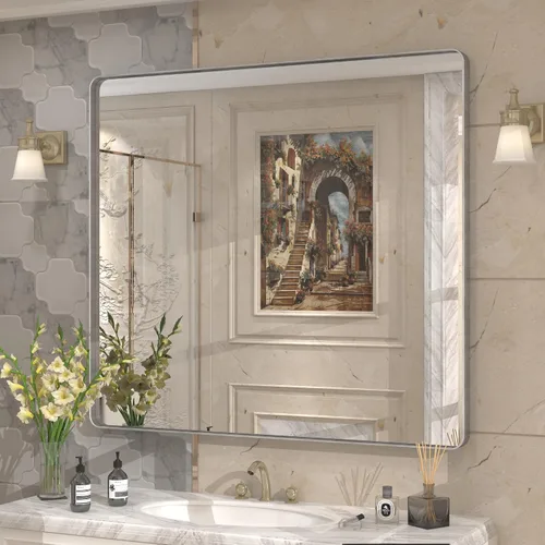Vista 130 de Paquete de 2 espejos de baño con marco de metal negro de 22 x 30 pulgadas, espejo rectangular redondeado negro mate, antioxidante, se cuelga
