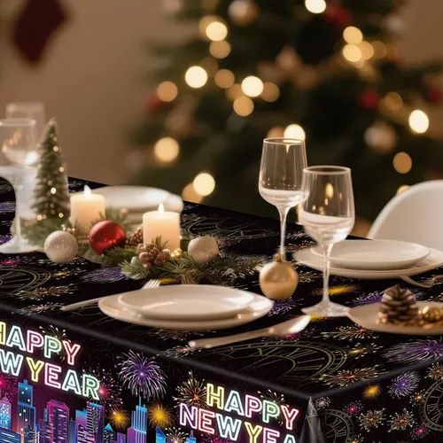 Vista 6 de SpinLaLa Mantel de plástico desechable de 3 piezas de 54 x 108 pulgadas, diseño de fuegos artificiales negros y horizonte urbano para fiestas de Año