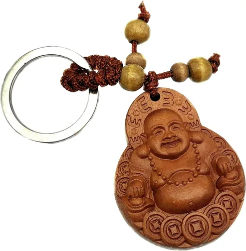 Vista 2 de Betterdecor Feng Shui Peach Wood Money Happy Laughing Buddha Key Ring Amulet for Wealth Luck