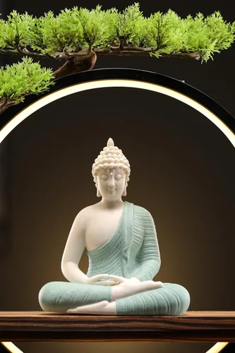 Vista 2 de Houlu Estatua de Buda verde con árbol artificial verde y lámpara de mesa circular LED, estatuas de Buda de cerámica para interiores para decoración
