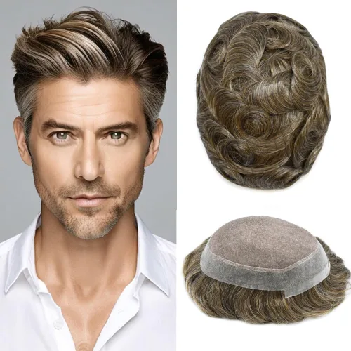Vista 114 de Toupee para hombres Piezas de pelo fino mono para hombre Toupee sistema de reemplazo de pelo para hombres línea capilar natural para hombre postizo