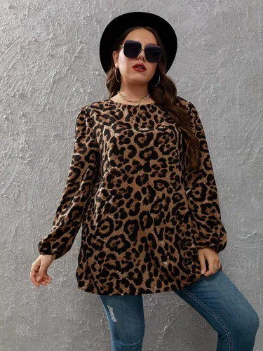Vista 5 de OYOANGLE Blusa de manga larga con estampado de leopardo para mujer, talla grande, blusa suelta