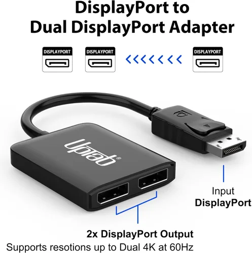 Vista 3 de uptab Adaptador DisplayPort a Dual DisplayPort 8K Multi Monitor Splitter, Convertidor Multi-Stream Transport (MST) Hub, DP a 2X DP