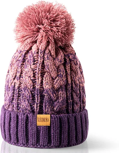 Vista 21 de Redess Gorro de invierno con pompón y forro polar cálido, grueso y holgado, tejido, para la nieve, para esquiar, para mujer Beige