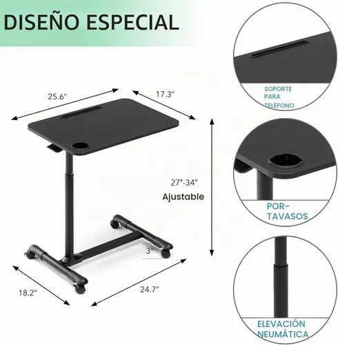 Vista 3 de ETHU Mesa de cama con ruedas, altura ajustable 27.5-34.25 pulgadas, color Negro