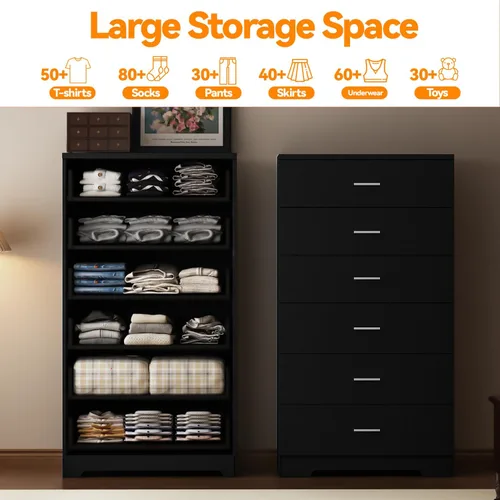 Vista 5 de Cómoda de 48" de alto para dormitorio, cómoda de madera con 6 cajones con tomas de corriente, cómoda con gran espacio de almacenamiento y asas