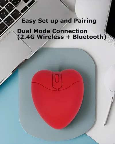 Vista 4 de Ratón Bluetooth inalámbrico con forma de corazón rojo, silencioso, portátil, ligero, silencioso, USB, óptico, inalámbrico, modo dual para PC