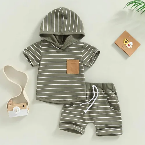 Vista 2 de Conjunto de ropa de verano para bebé y niño, con estampado de arco iris, bolsillo con capucha, pantalones cortos elásticos, lindo conjunto de traje