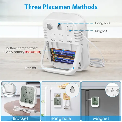 Vista 5 de AMIR Termómetro digital para nevera con sonda, pantalla LCD, registros máximos y mínimos, alarma, termómetro digital con sensor externo, imán